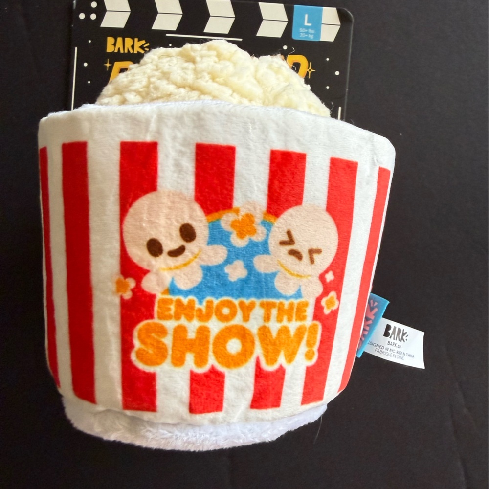 Bark Buttered Chompcorn Dog Toy Large Squeaky Plush Popcorn Treat Hide